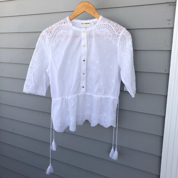 Ulla Johnson Blouse Lace Eyelet White Tassels - Picture 3 of 8